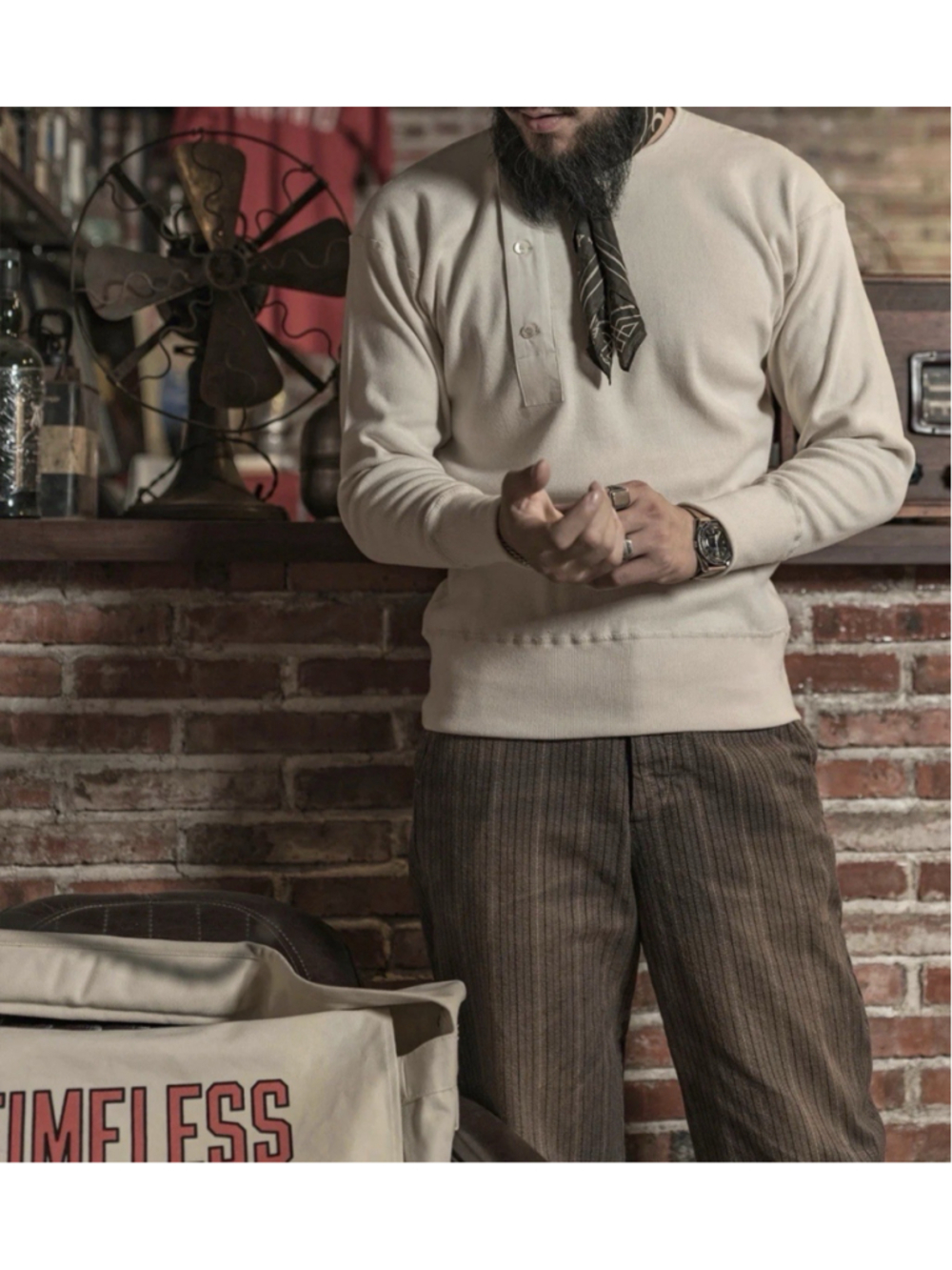 100% Cotton 14 oz Side Closing Henley Shirt Beige Bronson Mfg Co. Long Sleeve L - Picture 5 of 6